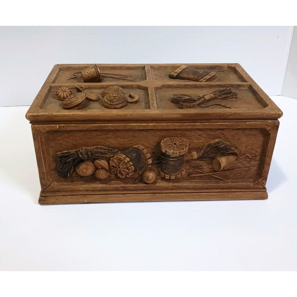 Vintag Faux Wooden Sewing Box  Resin  Carved Cottagecore 1950s With Tray * - Picture 4 of 8